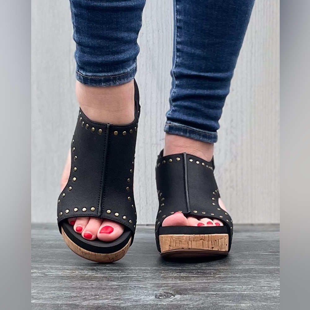 Corkys Footwear Carley Wedge Sandal Black Oil PU with Studs is a closet staple - Picture 10 of 11